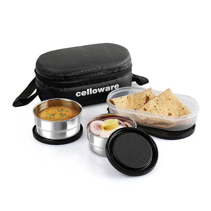 CELLO Double Treat Lunch Box with Fabric Jacket, Black | 2 Round Steel Containers & 1 Plastic Snack Box | Airtight, Leak-Proof & Odour-Free | Easy to Carry Tiffin for Office, School, College, Travel